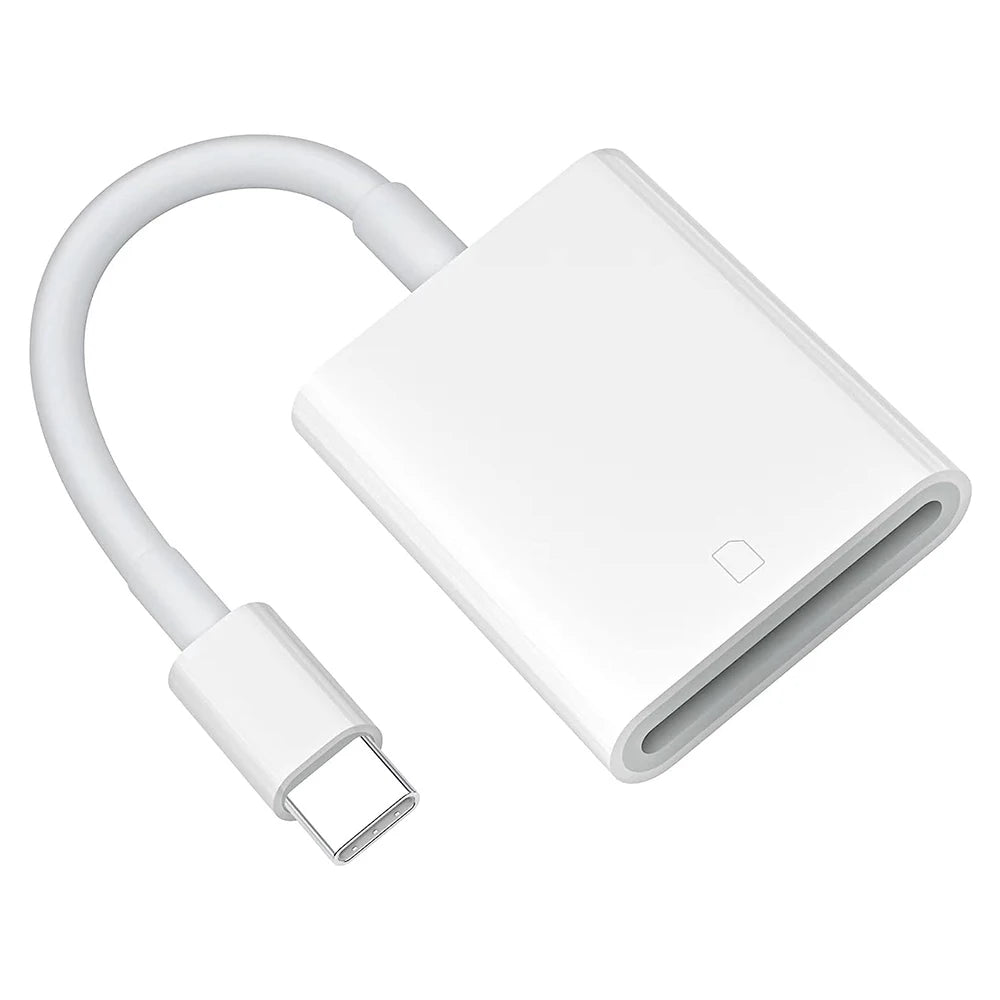 A white adapter cable with a connector for a memory card is shown.