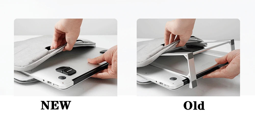 Comparación de un soporte portátil de laptop de aluminio nuevo y antiguo para escritorio.