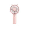A pink mini handheld fan with a circular grille and a smooth body.