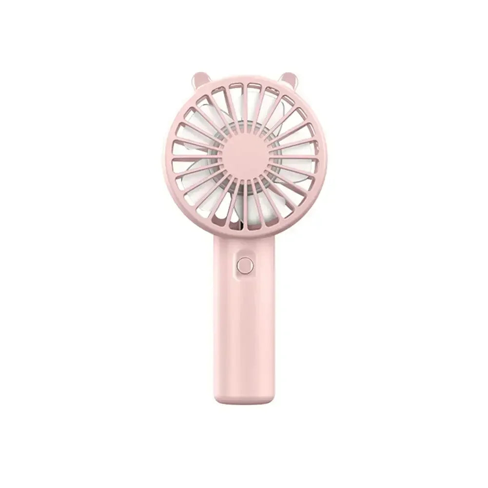 A pink mini handheld fan with a circular grille and a smooth body.
