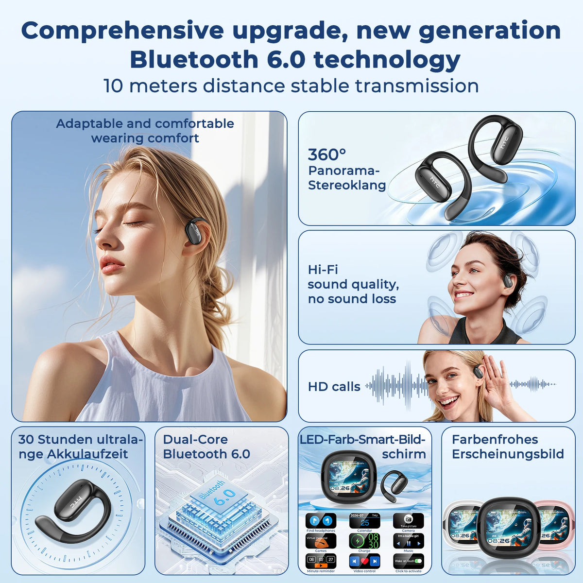 A set of wireless Bluetooth earphones shown alongside a circuit board and various usage scenarios demonstrating sound quality