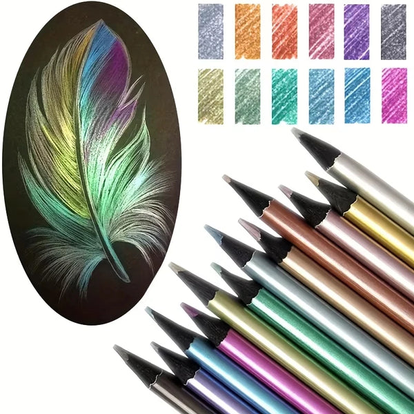A set of 12 metallic fluorescent colored pencils and a feather illustration.