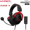 A black and red HyperX Cloud II wired gaming headset with an attached control panel.