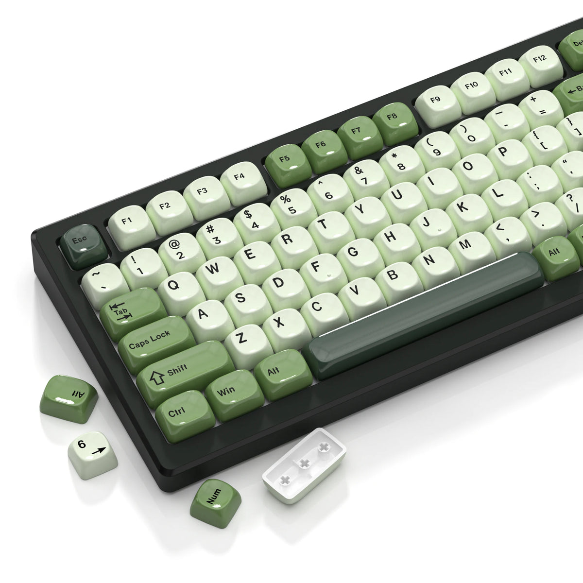 A close-up view of a bright green MOA Profile PBT keycaps set for mechanical keyboards.