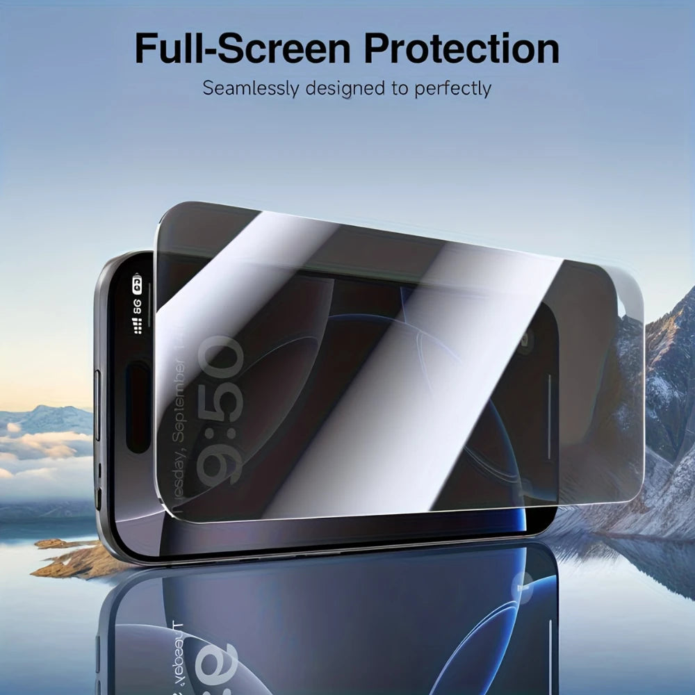 A close-up of an iPhone with a full-screen privacy screen protector film applied, showing a clear display.