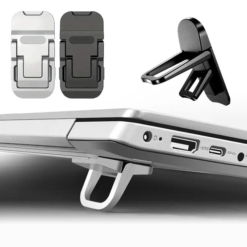 A silver keyboard riser stand with a black adjustable clamp is shown alongside its disassembled parts.