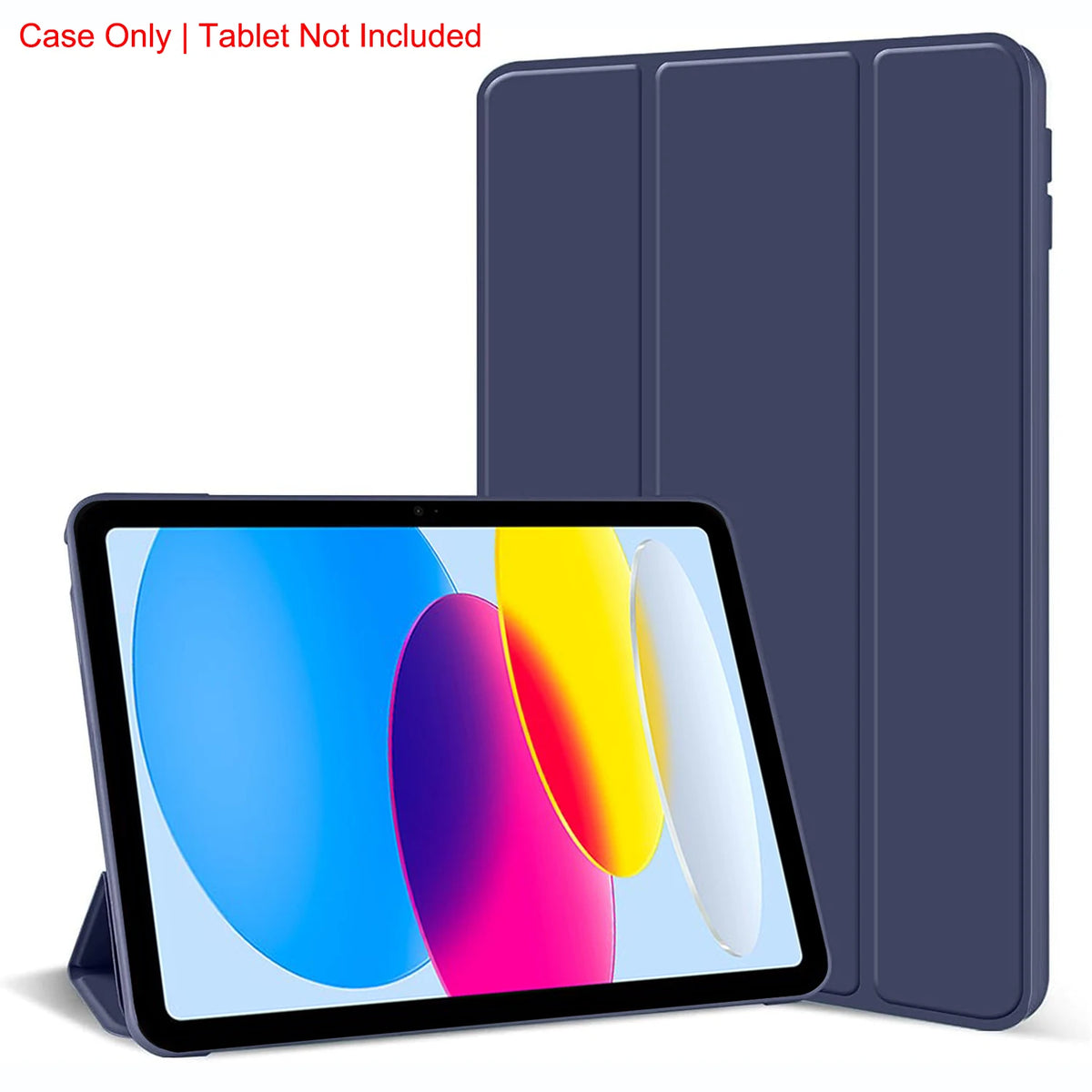 A dark blue magnetic tri-fold stand cover for an iPad, shown alongside the tablet.