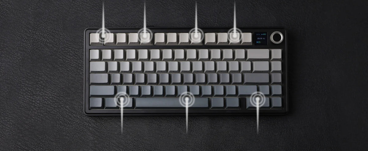 A black mechanical keyboard with a silver keycap layout is shown against a dark background.