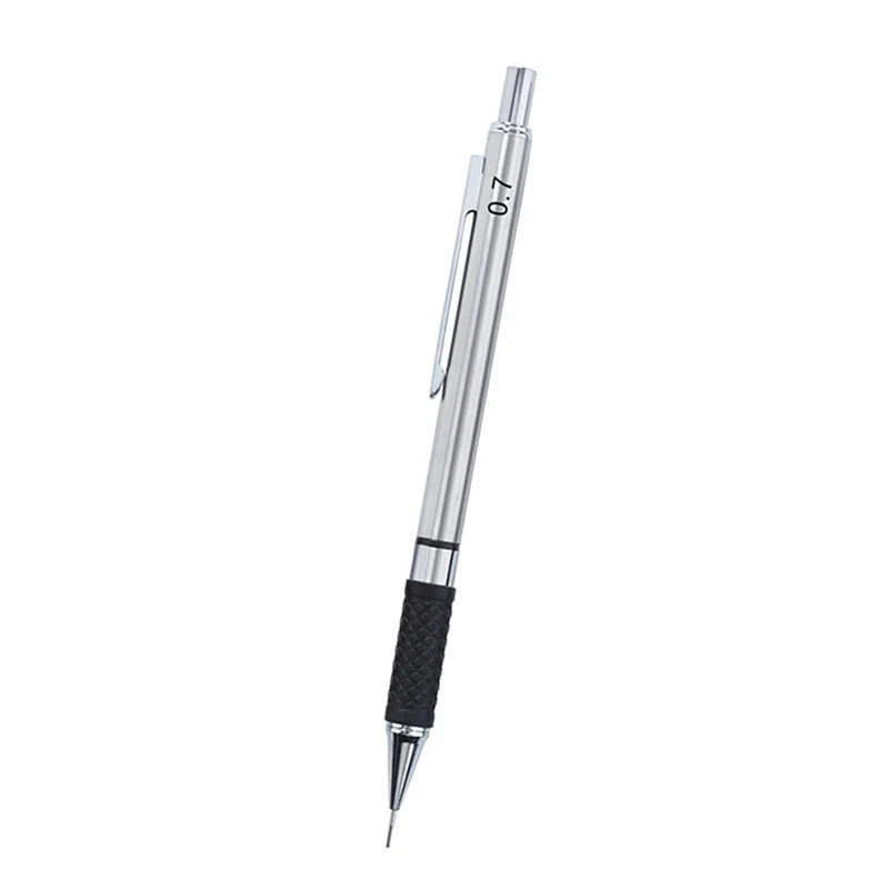 Silver metal mechanical pencil with an HB lead core and black grip