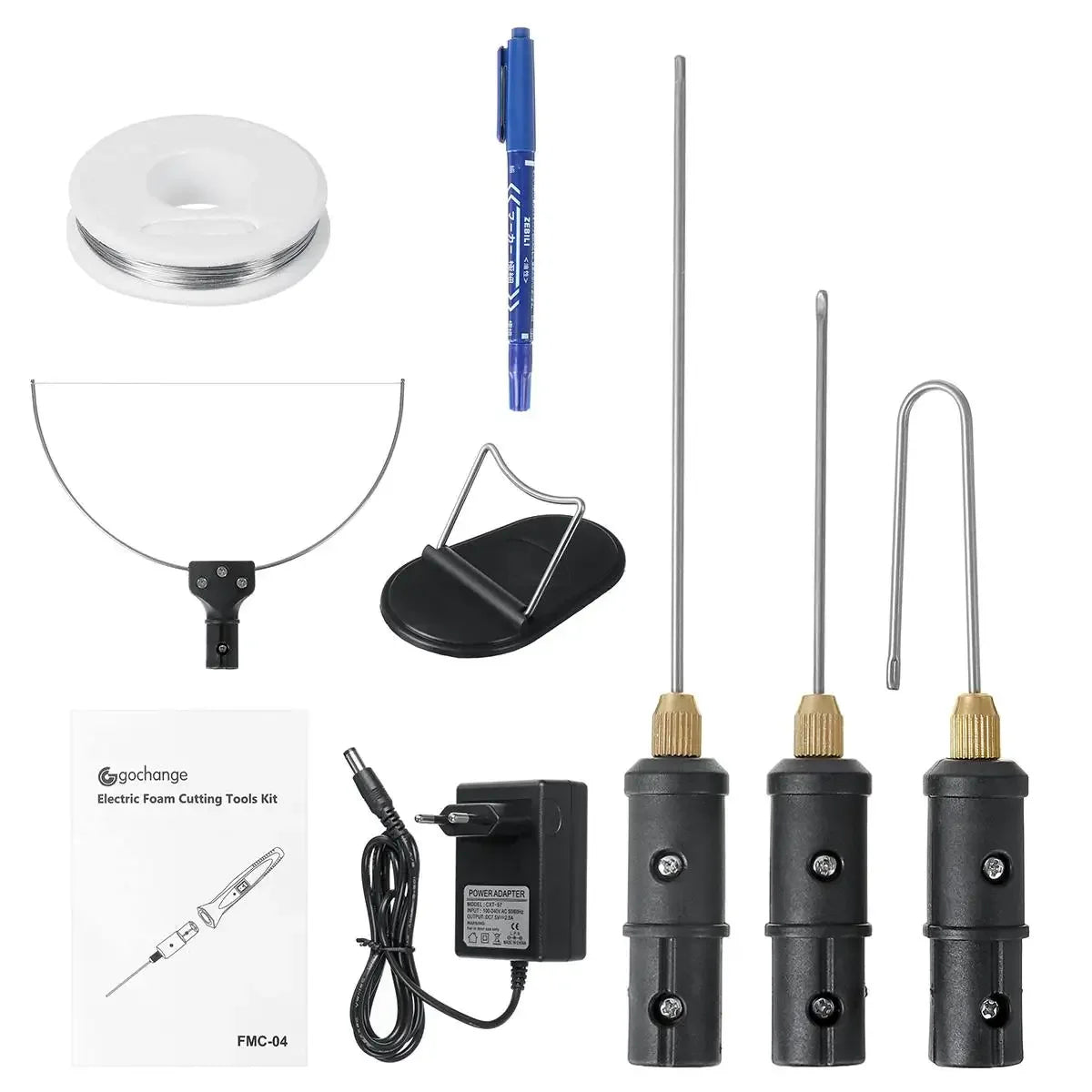A set of electric foam cutting tools including a pen, cutting blade, and accessory kit.