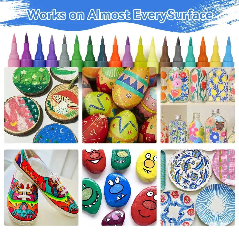 A collection of vibrant dual-tip acrylic paint markers in various colors and shapes.