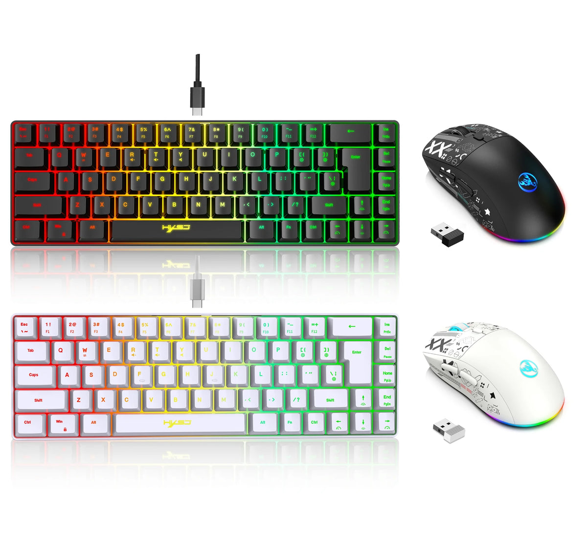 A white 60% wireless gaming keyboard and mouse combo featuring RGB backlighting.