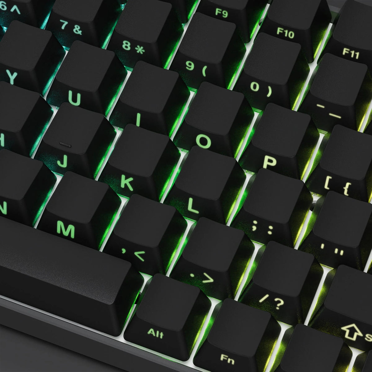 Close-up view of black PBT double-shot cherry profile keycaps for a mechanical keyboard.