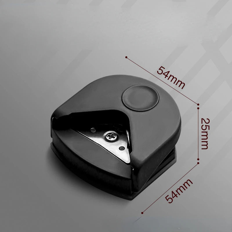A black precision corner cutter with dimensions marked, showing its size and design.
