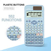 A light blue scientific calculator with plastic buttons and a display showing a calculation.