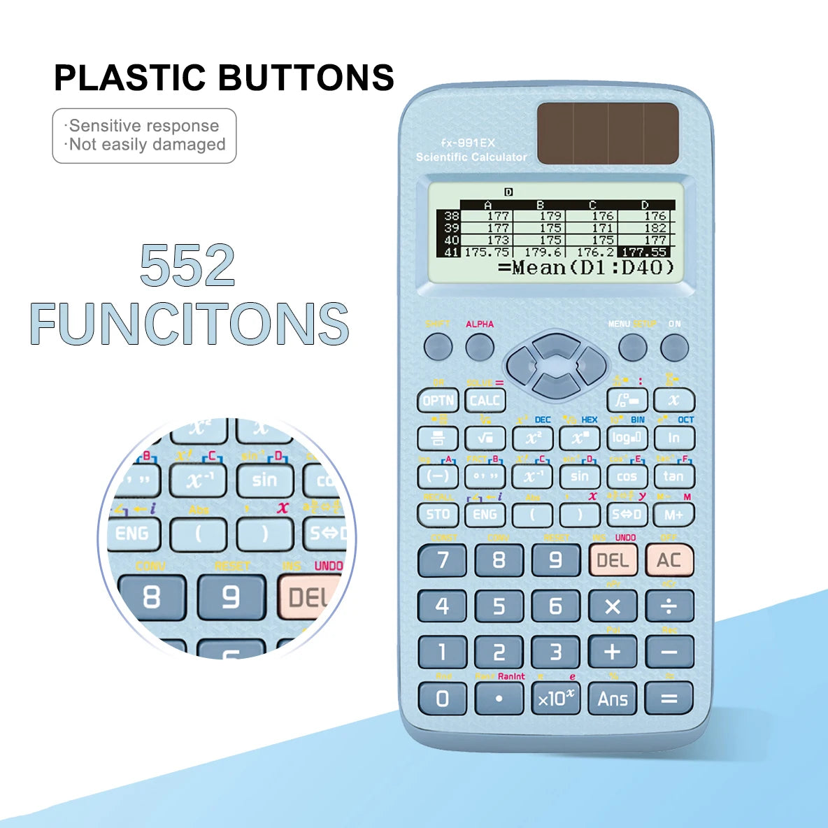A light blue scientific calculator with plastic buttons and a display showing a calculation.