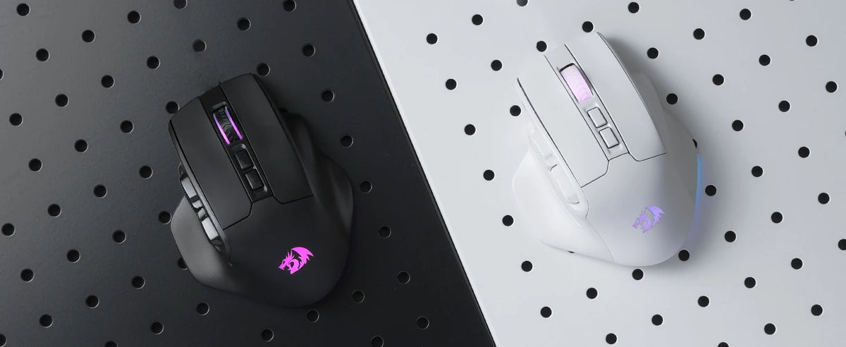 A black wireless MMO gaming mouse with purple RGB lighting is shown on a dark surface next to a white dotted background.