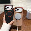 A hand holds a magnetic wireless charging phone case with an orange ring design on a beige phone.