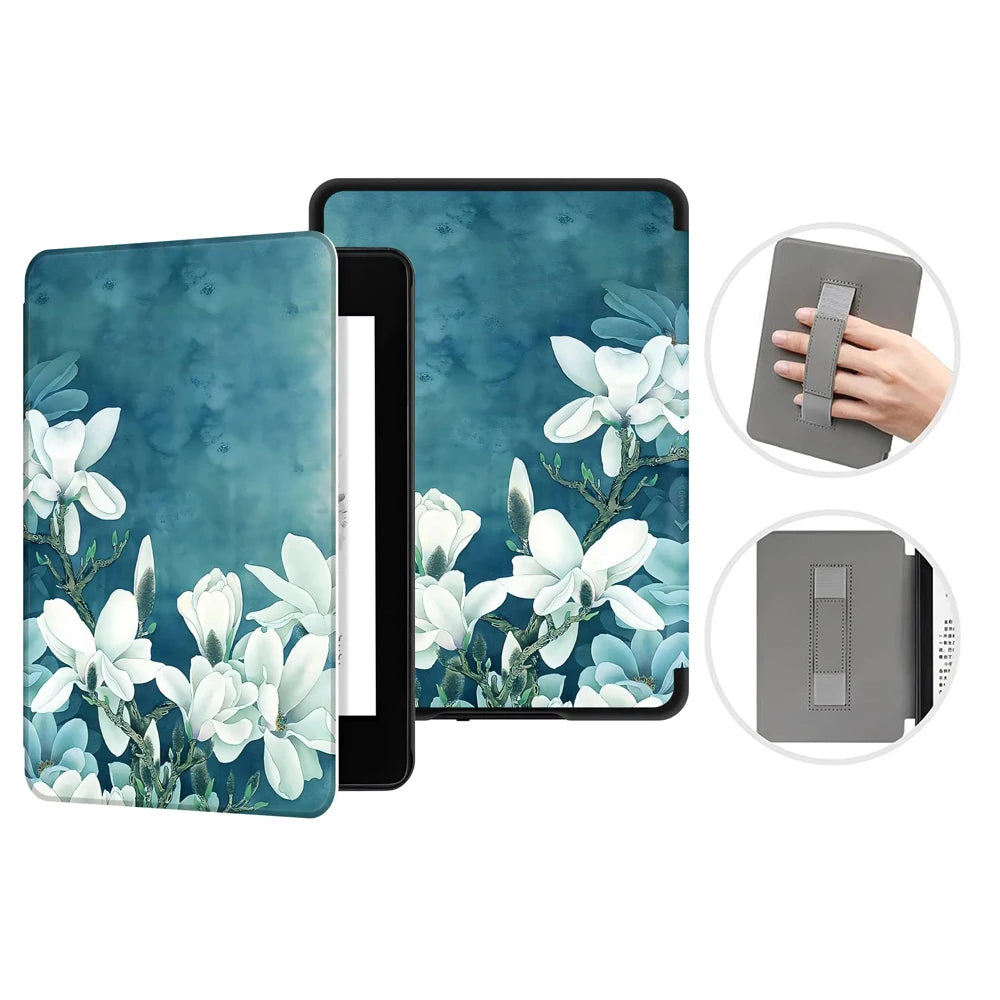 A dark teal floral patterned leather case for a Kindle Paperwhite tablet shown with close-up views.