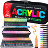 A set of acrylic paint markers in various colors and tips displayed in a black carrying case.