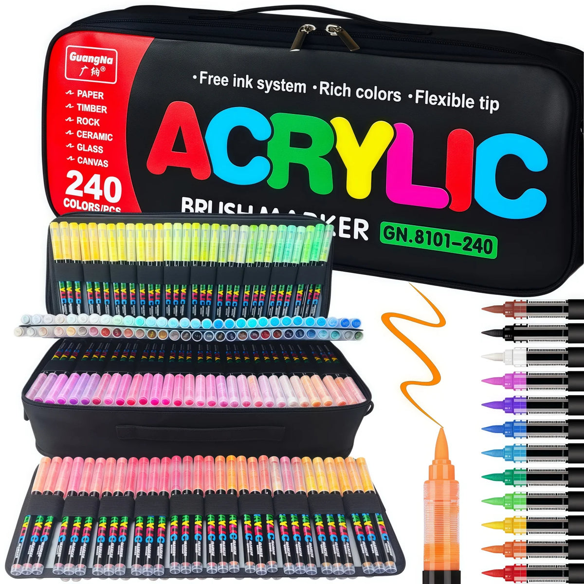 A set of acrylic paint markers in various colors and tips displayed in a black carrying case.