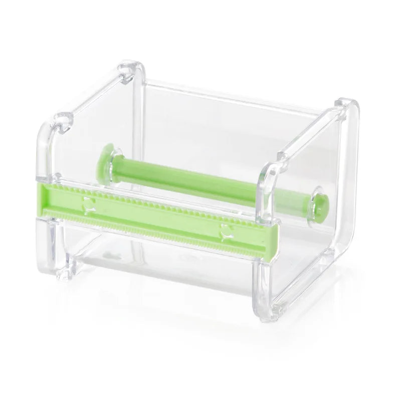 Cortador y dispensador de cinta washi de plástico transparente multiestilo con un rollo de cinta verde dentro