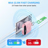 A pink portable power bank is shown charging a smartphone, demonstrating fast charging capabilities.