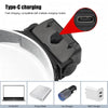 A black LED headlamp with a Type-C charging port is shown next to various devices like a computer, power bank, car charger, a