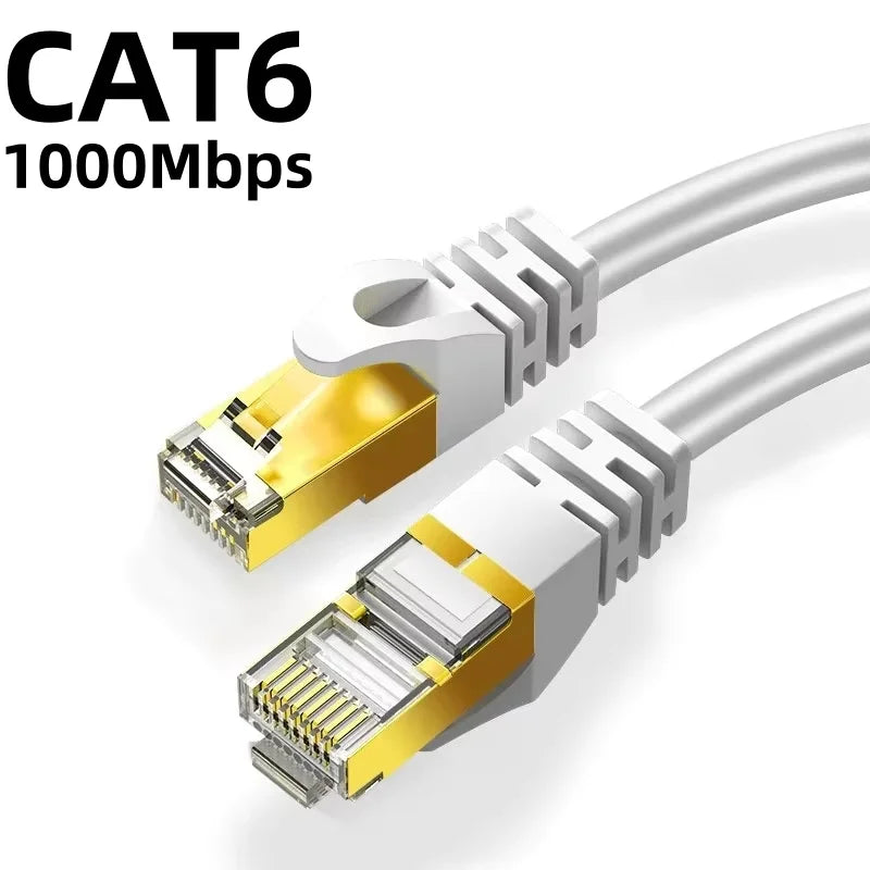 A close-up view of a Cat6 Ethernet cable connector and plug for high-speed networking.