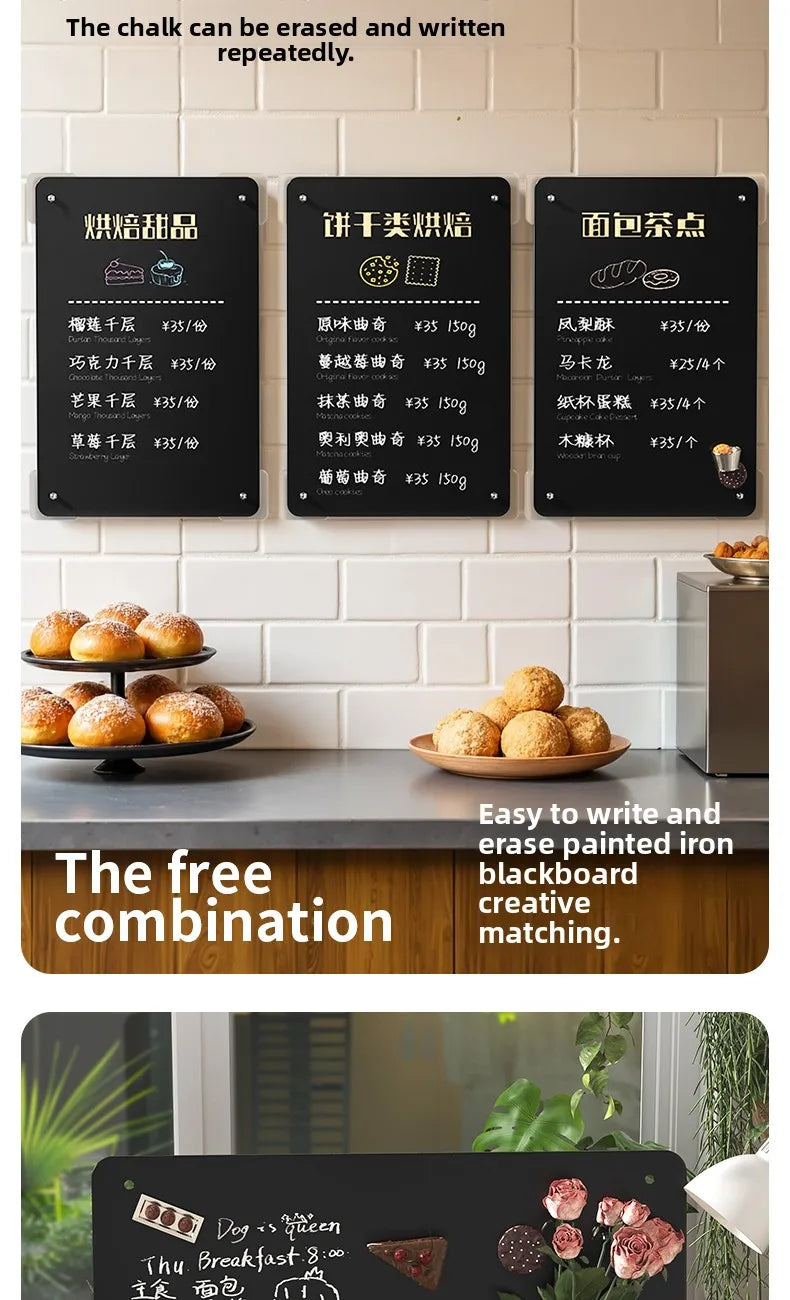 A large magnetic planning board featuring a chalkboard surface with various food items and a note about erasing and writing r