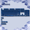 A close-up view of a blue mechanical keyboard with crystal clear RGB keycaps set against a light gray background.