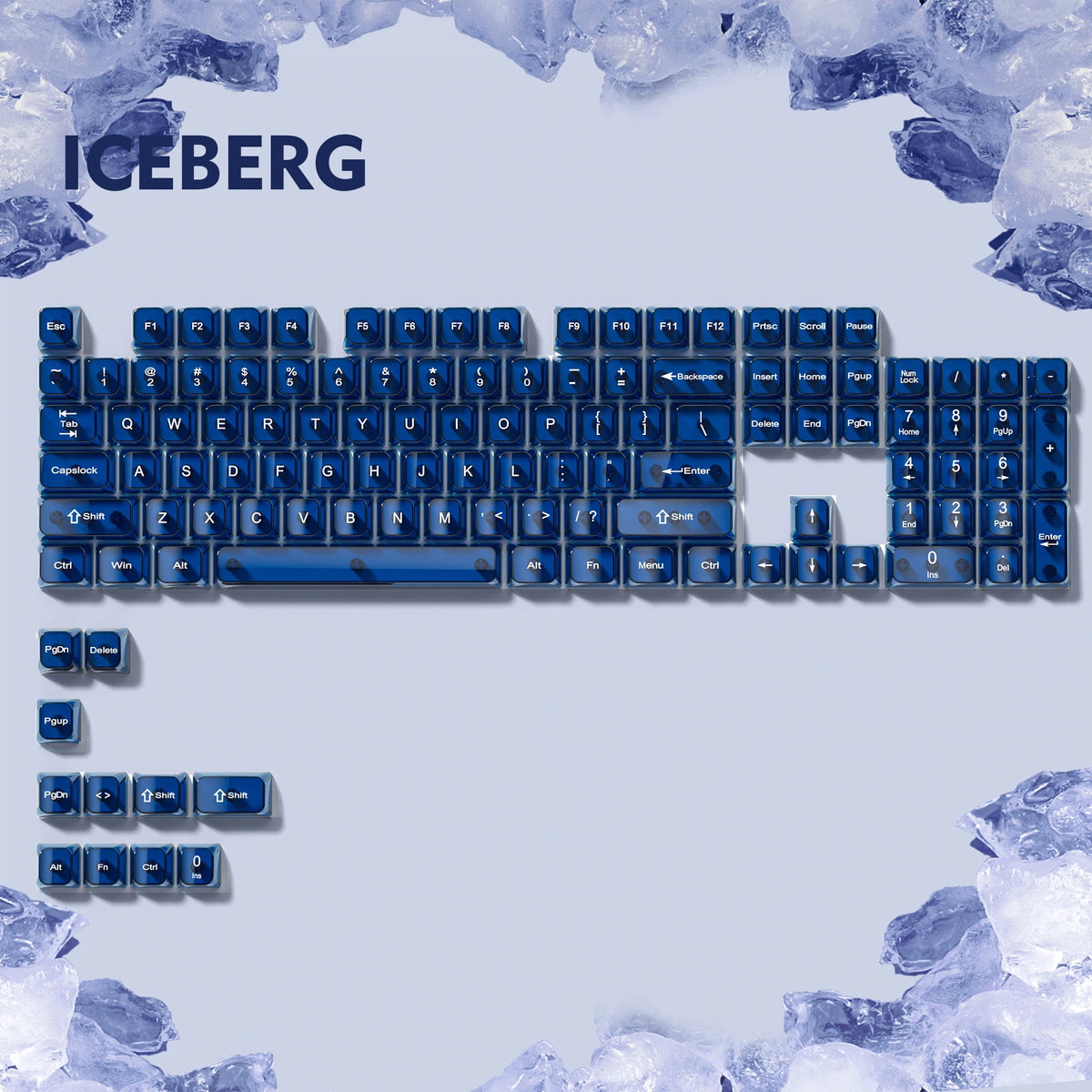 A close-up view of a blue mechanical keyboard with crystal clear RGB keycaps set against a light gray background.