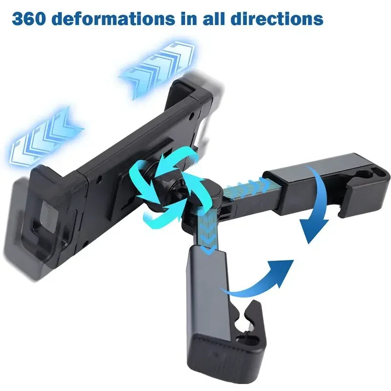 Black telescopic car headrest phone and tablet mount with flexible deformation features