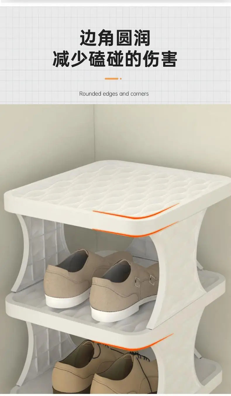 White plastic shoe rack displaying pairs of beige and black shoes.