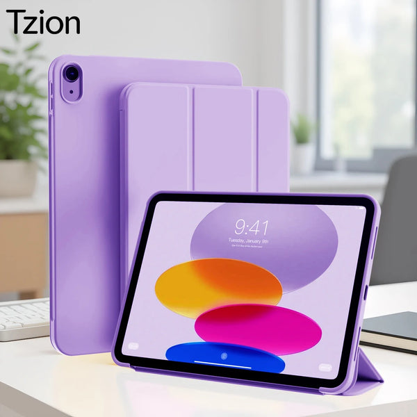 A purple magnetic flip smart cover for an iPad is shown next to the tablet.