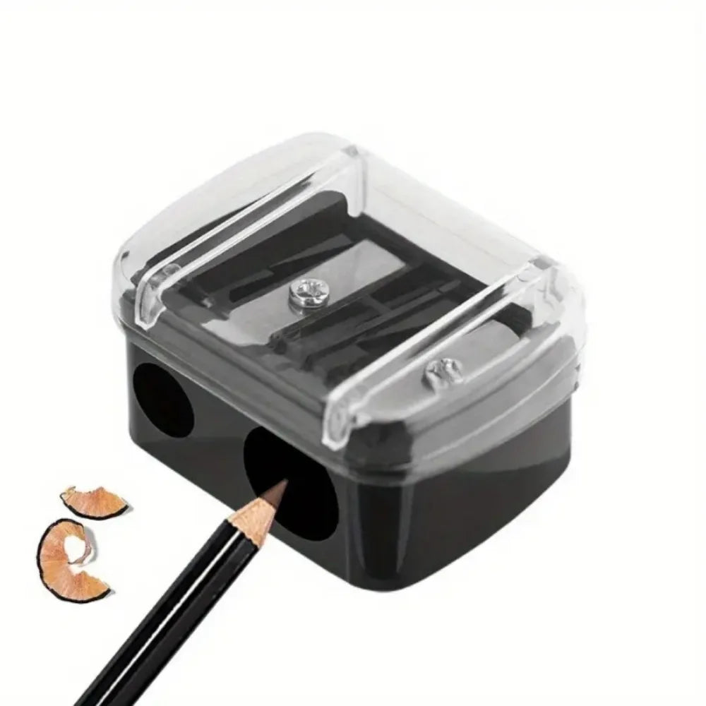 Afilador de lápices automático de plástico transparente con doble orificio, base negra y punta naranja.