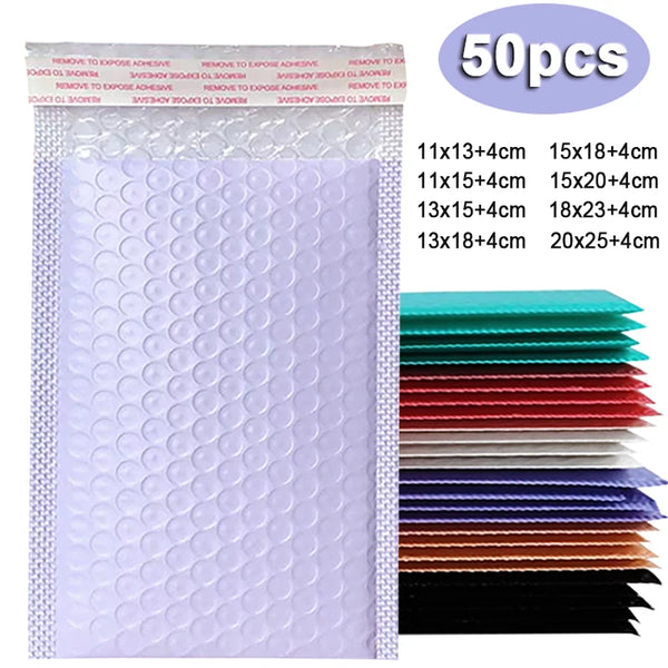 A stack of 50 purple padded bubble mailers with self-seal closures in various sizes and colors.