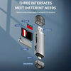 Adaptador multi-interfaz que muestra varios tipos de tarjetas, incluyendo TF, SD, U disk y conexiones USB Micro.
