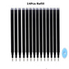 A set of 14 refillable pens with black barrels and silver tips.