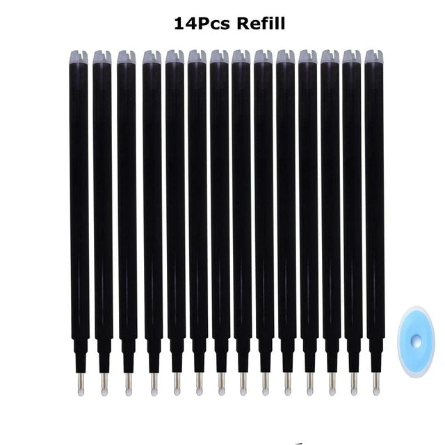A set of 14 refillable pens with black barrels and silver tips.