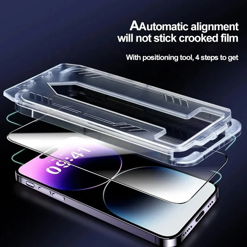 A clear plastic tool and film are shown aligning a tempered glass screen protector onto an iPhone screen.