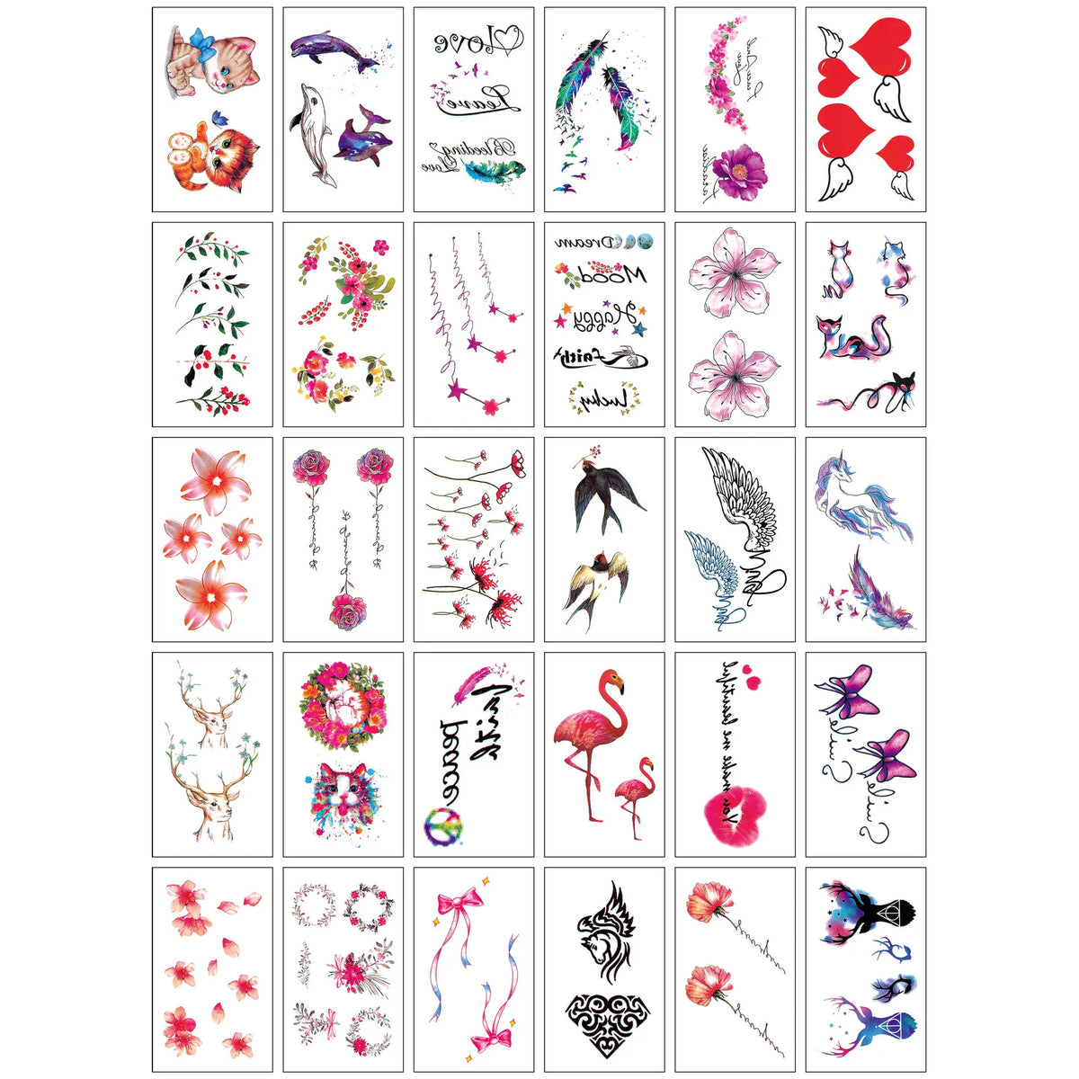 Una cuadrícula de pegatinas de tatuajes temporales de varios diseños, con patrones florales, animales y abstractos.