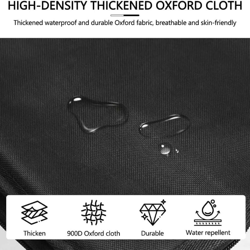 Primer plano de tela Oxford de alta densidad y espesada en color negro, mostrando textura y propiedades repelentes al agua.