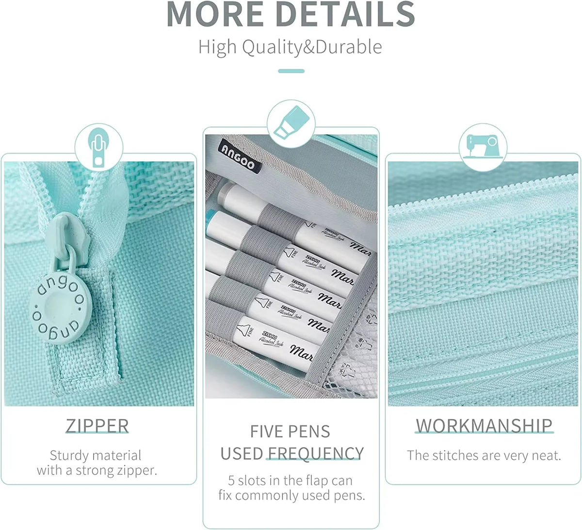 A light blue canvas pencil case featuring a zipper and five slots for pens.