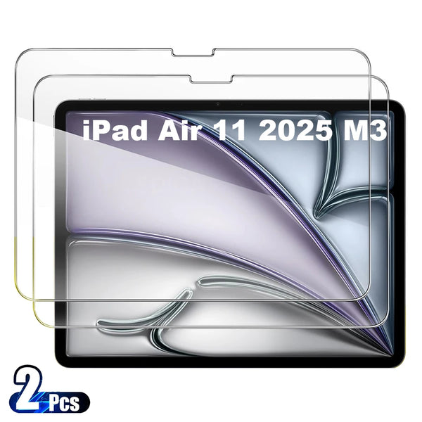 Two tempered glass screen protectors for an iPad Air 11 model with a protective film applied.