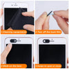 Step-by-step guide showing how to clean equipment, tear off a film, stick it on a lens, and swipe to open or close the privac