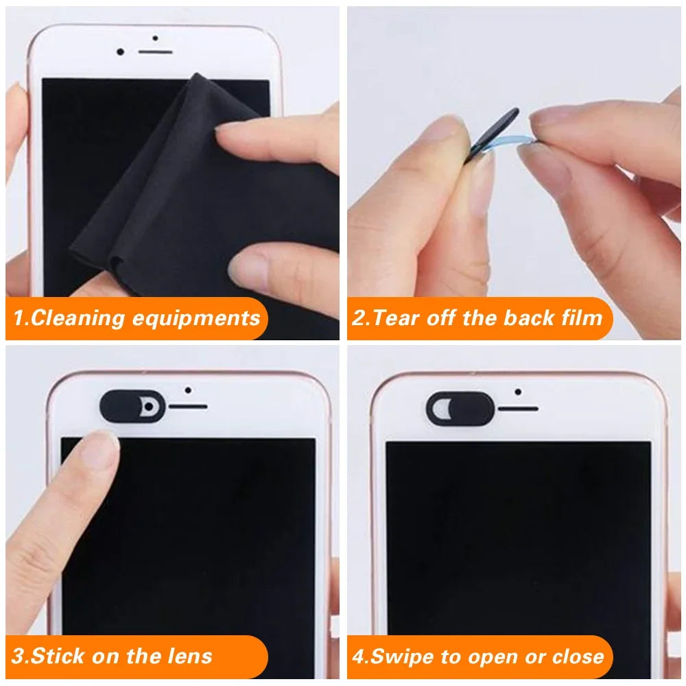 Step-by-step guide showing how to clean equipment, tear off a film, stick it on a lens, and swipe to open or close the privac