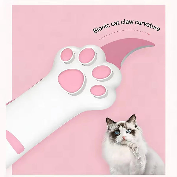 Eine weiße, katzenpfotenförmige Taschenmesser neben einer Hauskatze.