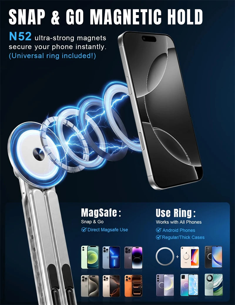 A close-up of a Snap & Go magnetic hold device securing a smartphone to a metal ring mount.