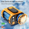 Oranger starker Hängeventilator mit blauem Blatt und Batteriewise vor schneebektem Hintergrund.